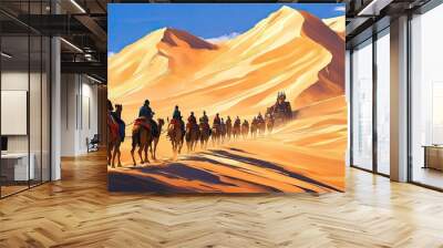 A caravan of tourists in the desert, following a guide on camelback, with dunes rising all around them. Wall mural