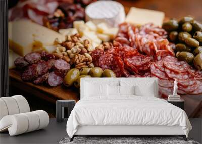 A close-up of a beautifully arranged charcuterie board with a variety of meats, cheeses, olives, and nuts, served on a wooden board. Wall mural