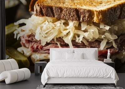 A close-up of a classic Reuben sandwich with corned beef, Swiss cheese, sauerkraut, and Thousand Island dressing on rye bread, served with a side of pickles. Wall mural