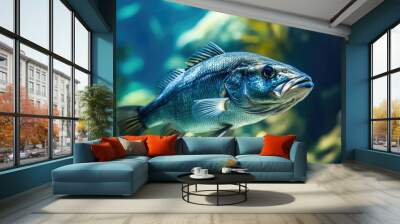 A close-up of a sea bass swimming in clear water with a blurred background. The empty space around the fish provides a great area for text. Wall mural