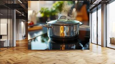 A close-up of a shiny stainless steel pot with a lid slightly ajar, showing a hint of steam escaping, set on a modern stovetop with a blurred kitchen background. Wall mural