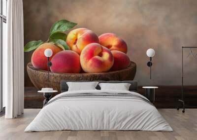 A close-up of ripe, juicy peaches arranged in a rustic wooden bowl, with a soft-focus background. - Wall mural