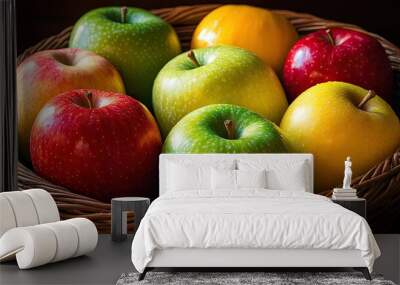 A collection of apples in various colors--red, green, and yellow--neatly arranged in a wicker basket. Wall mural