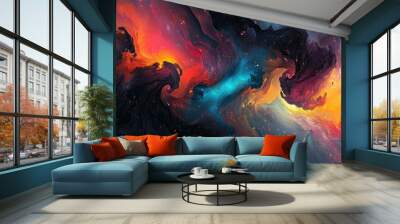 A cosmic abstract background with stars, galaxies, and swirling nebulas in deep, vibrant colors. Wall mural