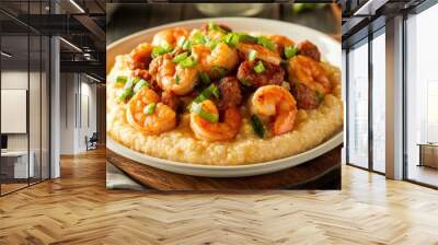 A delicious shrimp and grits dish with spicy sausage, garnished with scallions and served on a rustic wooden table. Wall mural