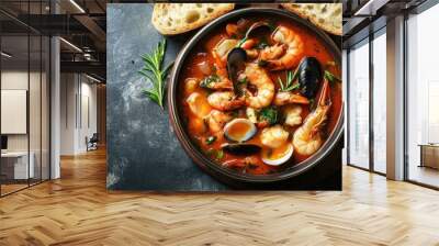 A delightful overhead view of bouillabaisse soup, featuring fresh seafood and aromatic herbs in a savory broth, Wall mural