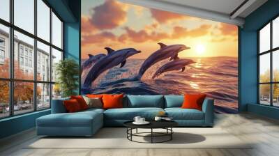 A group of dolphins leaping out of the ocean as the sun sets in the distance. Wall mural