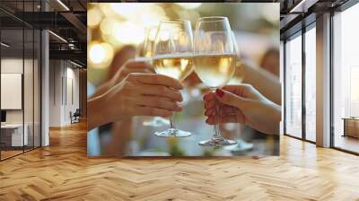 A group of people raising glasses in a toast, with a clean, blurred background providing space for copy. Wall mural