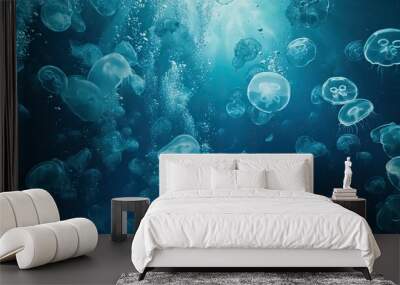 A mesmerizing underwater shot of a school of jellyfish pulsating and drifting through the ocean, creating a hypnotic scene Wall mural