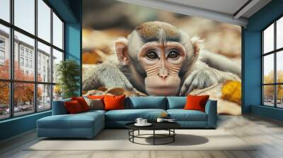 A monkey with a weak posture lying on a bed of leaves, with a clean, unobtrusive background for adding text or copy. Wall mural