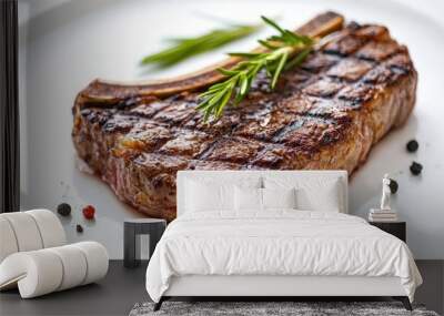 A perfectly grilled beef steak with bone, isolated on a white plate and background. The simplicity enhances the steak's juicy, flavorful texture. Wall mural