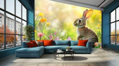 A rabbit sitting in a garden with colorful flowers, with a clean background offering space for text or copy. Wall mural