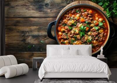 A rich cassoulet dish placed on a wooden table on the lower third of the image, leaving plenty of copy space above for event or restaurant promotions. Wall mural