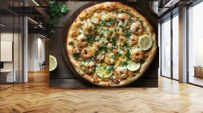 A rich top view of a seafood pizza with garnishes of fresh herbs and lemon zest, elegantly styled on a rustic wooden surface, perfect for food blogs and gourmet marketing. Wall mural