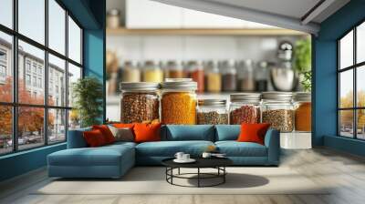 A set of spice jars and containers on a kitchen counter with a clean, bright background. The unobstructed space around the jars provides room for copy. Wall mural