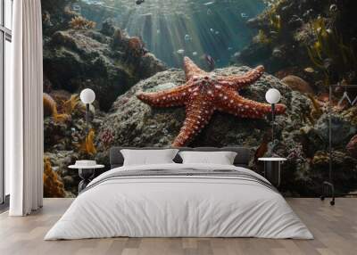 A starfish resting on a rock, surrounded by other marine life on the ocean floor. Wall mural