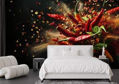 A thrilling capture of an array of spices and fresh chili peppers in mid-flight, with flames and colorful powders enhancing t Wall mural