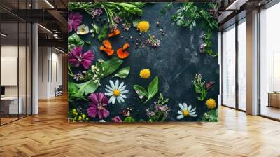 A top-down view of a decorative food arrangement with ingredients like herbs and edible flowers floating on a surface, highlighting their freshness and creativity. Wall mural