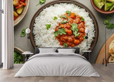 A top-down view of a plate of hot, freshly cooked rice with a garnish of herbs, served alongside curry and vegetables on a well-set dining table. Wall mural