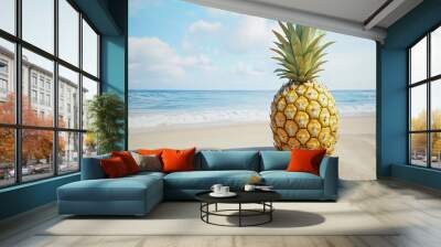 A tropical pineapple with a golden-brown rind, standing tall on a sandy beach background. Wall mural