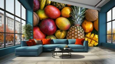 A variety of tropical fruits, including pineapple, mango, and coconut, arranged in a colorful display. Wall mural