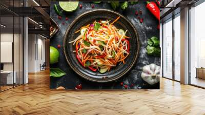 A vibrant papaya salad (Som Tam) in a traditional ceramic plate, surrounded by fresh ingredients like lime, chili, and garlic, captured from a top-down view. Wall mural