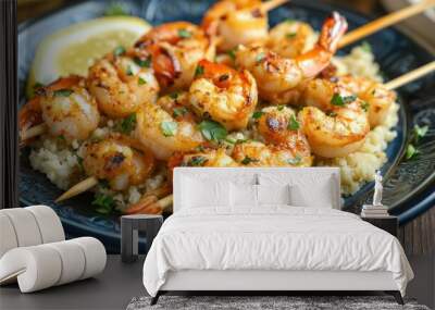 A vibrant plate of grilled shrimp skewers served with a side of couscous and a lemon wedge. Wall mural