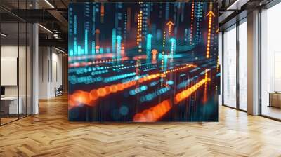 Abstract 3D financial data chart with arrows and glowing effects on a dark background with this inviting photo. Wall mural