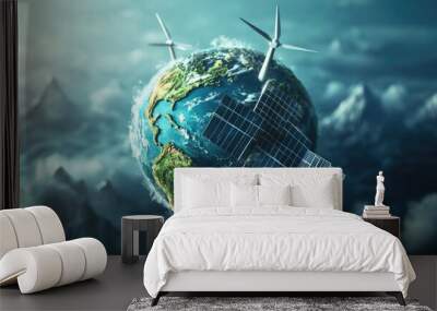 Abstract 3D globe with wind turbines and solar panels, representing global clean energy. Wall mural