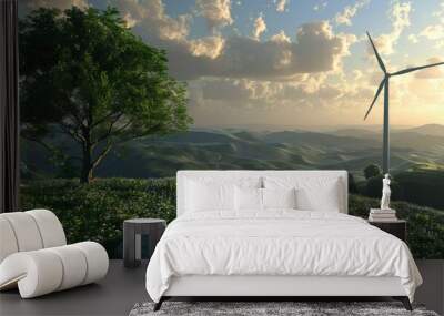 Abstract 3D image of a wind turbine in a green landscape, promoting renewable energy sources with this inviting photo. Wall mural