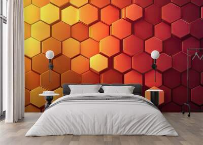 Abstract background with overlapping hexagons in a gradient of warm colors, creating a honeycomb effect. Wall mural