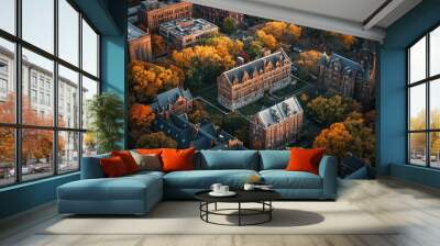 Aerial view of a sprawling university campus with a mix of historic and modern buildings. Wall mural