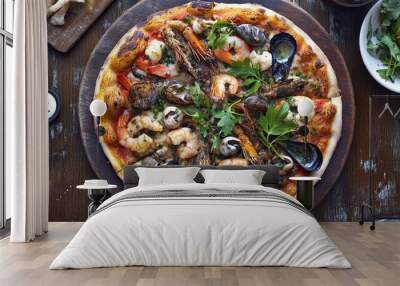 An inviting top view of a seafood pizza featuring various ocean delicacies and garnished with fresh herbs, beautifully set against a rustic wooden background for a homey feel. Wall mural