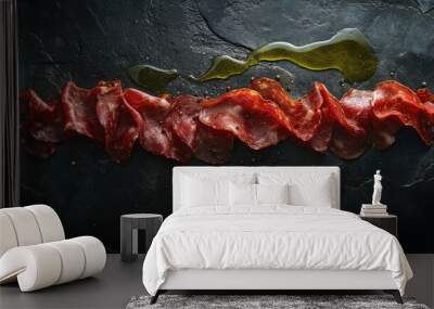 Artistic Arrangement of Jamon Slices on Slate Background Wall mural