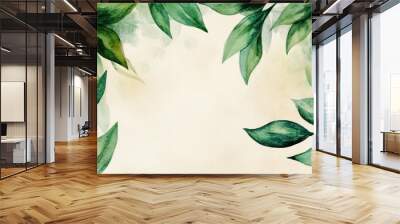 Artistic watercolor composition of hand-drawn green leaves, creating a soft and organic background. The elegant, nature-inspired design suits invitations, packaging, and more. Wall mural