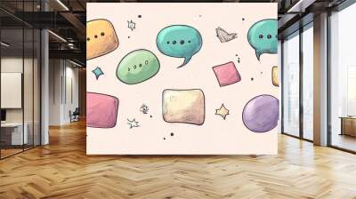 Assorted speech bubble text boxes and message balloons in doodle style, featuring space for custom text. Ideal for communication and digital media graphics. Wall mural