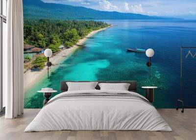 Beautiful aerial view of Santai Beach, Latuhalat, Ambon, Maluku, capturing the vibrant turquoise water and serene sandy shores, perfect for vacation imagery. Wall mural