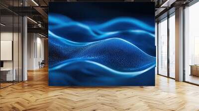 Blue horizontal particle lines creating a smooth, undulating 3D effect against a dark backdrop, capturing the essence of digital and communication technology. Wall mural