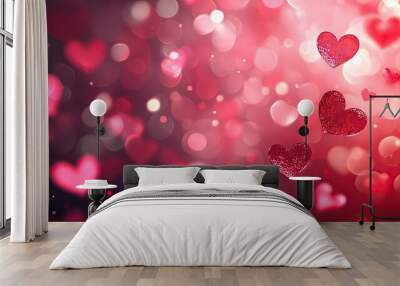 Blurred Valentine's Day background with a mix of red and pink tones, featuring hearts and bokeh lights, ideal for EPS 10 vector designs. Wall mural