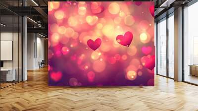 Blurred Valentine's Day background with a mix of red and pink tones, featuring hearts and bokeh lights, ideal for EPS 10 vector designs. Wall mural