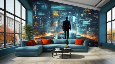 Business technology concept, Professional business man walking on future Pattaya city background and futuristic interface graphic at night, Cyberpunk color style Wall mural