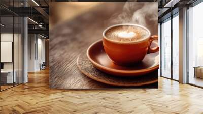 Close-up high-angle view of a hot coffee cup on a brown plate, highlighting the rich color and aromatic steam. - Wall mural