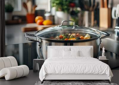 Close-up of a modern pot with a glass lid, showing a delicious meal inside and a clean, organized kitchen environment - Wall mural