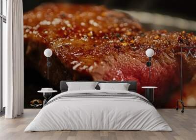 Close-up of a perfectly seared steak, capturing the golden-brown sear and juicy inside. - Wall mural