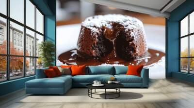 Close-up of a rich chocolate lava cake with a gooey center, served with a dusting of powdered sugar on a white plate. Wall mural