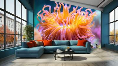 Close-up of a vibrant sea anemone with its tentacles fully extended, with a clean, blurred background providing ample copy space for text or branding. Wall mural