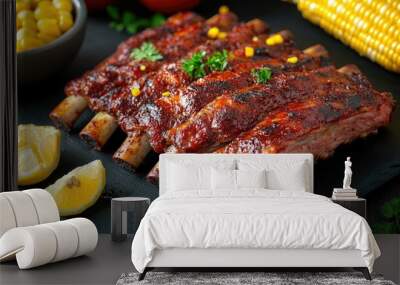 Close-up of tender roasted pork ribs with a spicy rub, served on a dark slate surface with a side of grilled corn and a few lemon wedges. Wall mural