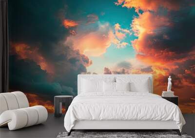 Colorful cloudy sky at sunset, with shades of red, gold, and blue illuminating the horizon, capturing nature's beauty with this inviting photo. Wall mural