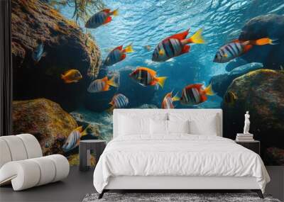 Colorful sea fish swimming near a rocky underwater structure, highlighting their natural habitat and vivid coloration - Wall mural