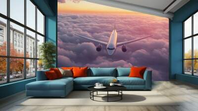 Commercial airplane flying above clouds in sunset light. Fast Travel and transportation concept, Passenger airplane Travel. Wall mural